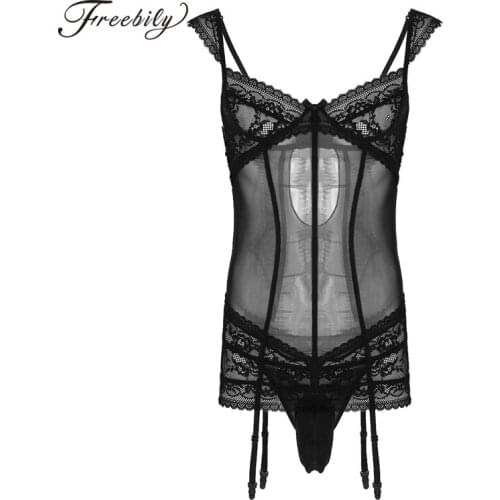 Sexy Mens Sissy Mesh Crossdress Lingerie Set Adjustable Spaghetti Straps Floral Lace Garters Mini Dress with Underwear Nightwear