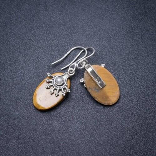 Natural Tiger Eye and River Pearl Handmade Unique 925 Sterling Silver Earrings 1.5" Y3565
