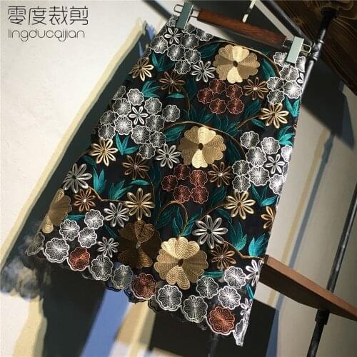 Lace Skirt Womens Embroidered Knee-Length Machine Embroidery Mesh A- line Dress Woman Skirts Mujer Faldas Saias Mulher