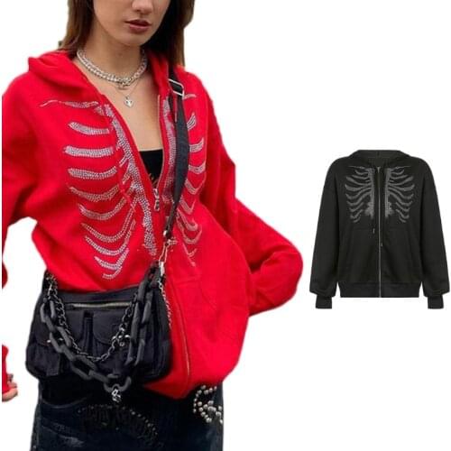 Women Goth Punk Zip Up Hoodies Jacket Rhinestone Breastbone Print Long Sleeve Sweatshirt Coat Oversized Loose Pocket Top