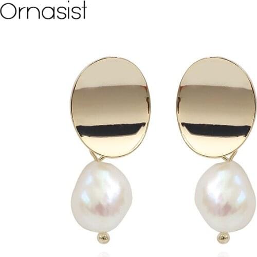 Minimalist Design Geometric Freshwater Pearl Stud Earrings For Women Korean Gold Metal Earrings