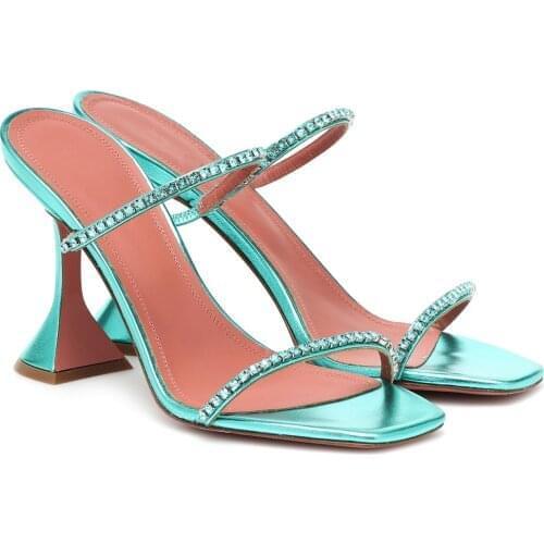 Womens Crystal Slippers Ladies Rhinestone Leopard Open Toe High Heels Square Toe Pumps Female Party Shoes 2021 Summer Footwear