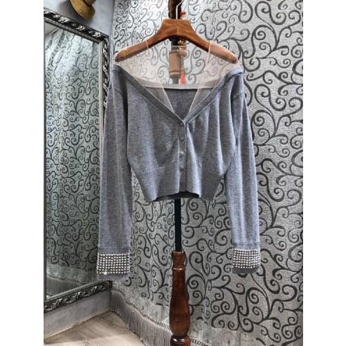 New 2021 Spring Summer Fashion Cardigan Tops Women V-Neck Sexy Tulle Mesh Beading Deco Long Sleeve Grey Blue White Cardigans