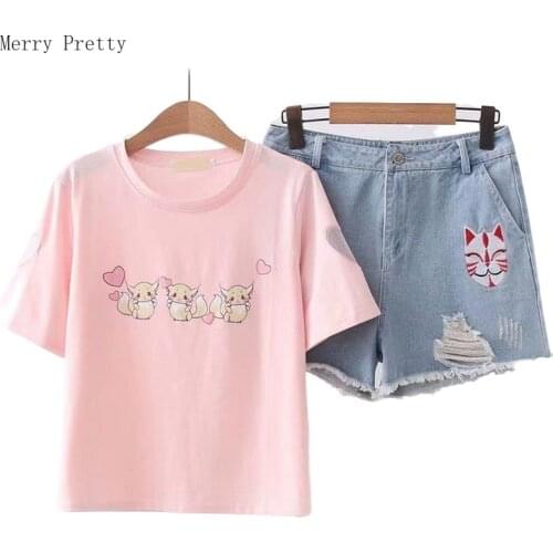 Two Piece Set Top And Pants Pink Short Sleeve Cotton T Shirt And Blue Hight Waist Embroidery Denim Shorts 2020 Summer Women Set