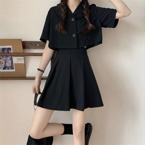 Ins Black Shirt Skirt Suit Women Summer Korean New High Waist Pleated Skirt+Short Single-Breasted Blouse Two-Piece Set