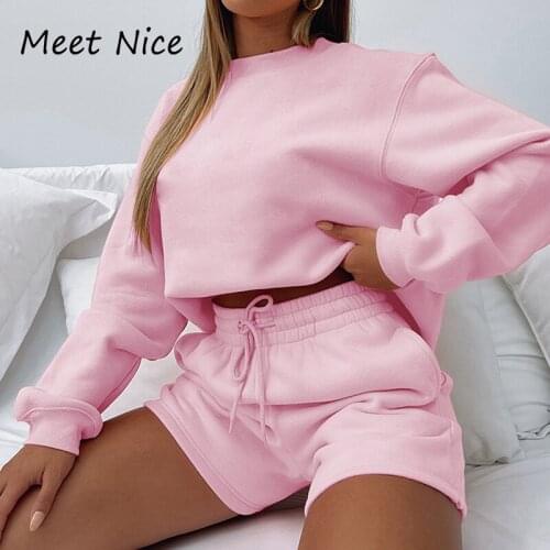 High Quality Women Hoodies Tracksuits Two Piece Set Summer Autumn Sweatshirt + Sporting Shorts Outfit Solid Shorts Suit