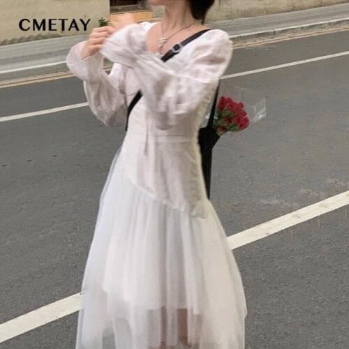 Autumn White Dress Elegant Fairy Princess Dress Women 2021 Korean Style Square Neck Trumpet Sleeve Sexy Beach Dresses Vestidos