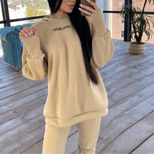 Winter Letter Print Two Piece Sets Women Fleece Long Sleeve Hoodie Tops And Jogging Sweatpants Suits Loose Femme Tracksuits