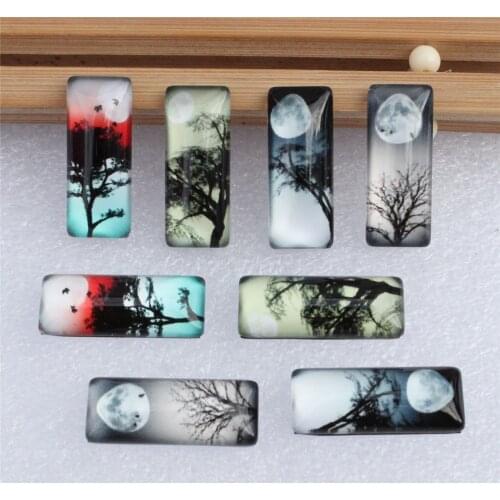 10x25mm Random Mixed Moon Tree Night Rectangle Glass Cabochon Dome Flatback Photo Tray Blank DIY Making Accessories 10pcs