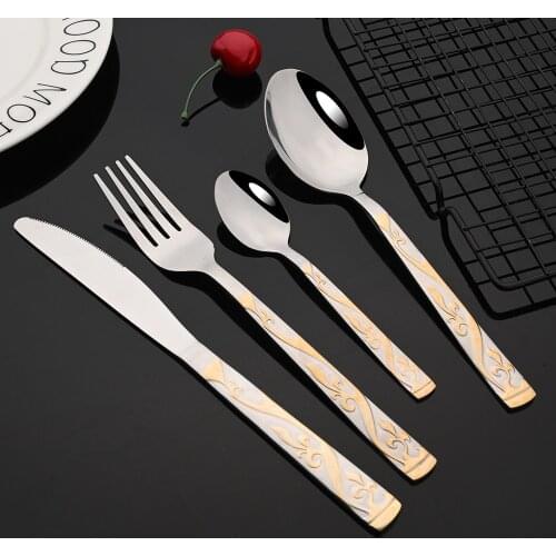 4/8/16Pcs Vintage Western Gold Plated Dinnerware Knife Fork Knife Set Flatware Cutlery Set Stainless Steel Engraving Tableware