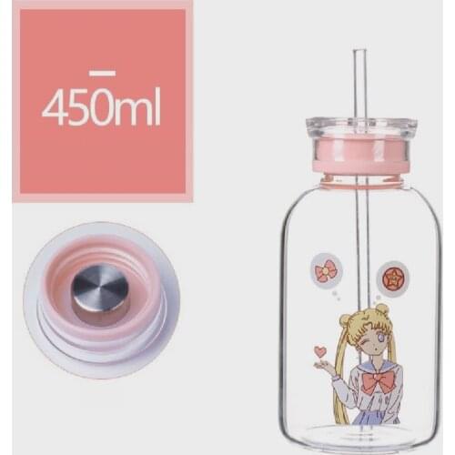 450ml Sailor Moon Glass Water Bottle Cartoon Transparent Water Bottles Leak-proof Drinkware Cartoon Cup