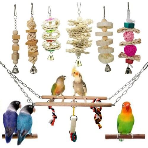 7PCS Parrot Toy Primary Color Set Hanging Bridge Rattan Ball String Silk Melon Piece String Bird Toys Combination