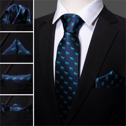 Fashion Designer Blue Horse Men Tie Set 8.5cm Silk Handkerchief Ties For Men Gift Wedding Business Barry.Wang Gravata Necktie