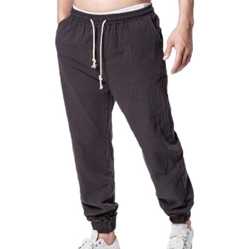 Mens Cotton Linen Trousers 2021 New Style Mens Summer Breathable Solid Color Bunched Leg Linen Trousers Jogging Fitness