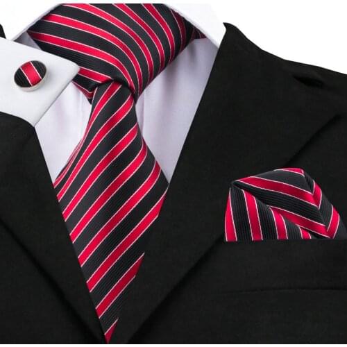 C-1489 Hi-Tie New Fashion Neck Tie Set 8.5cm Striped Mens Tie Pocket Square Cufflinks Black Red Silk Ties For Men Suits Corbatas
