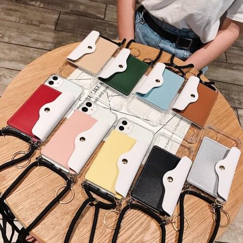 Credit Card WallePhone Case For iPhone 11Pro XR X XS Max 7 8 6S Plus SE2020 Soft Clear Strap Cord Chain Tape Back Cover Shell
