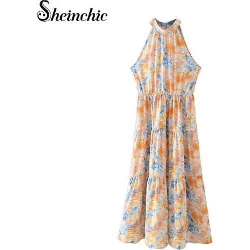 Boho Halter Long Beach Dress Summer 2021 Women Bohemian Sleeveless Floral Printed Maxi Dresses for Women Chiffon