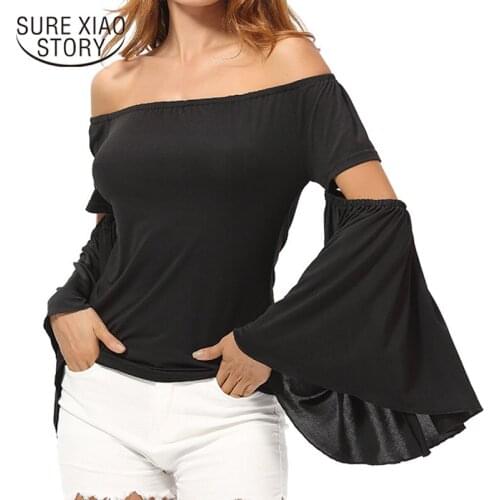 Autumn New Womens T-shirt Sexy Off Shoulder Flared Sleeve Black T-Shirt All Match Slim Women Tops Stylish Chemisier Femme 12435