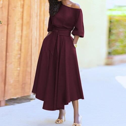 Summer Women Tie-Up A-Line Dress Elegant Solid Sexy Off Shoulder Party Dress Ladies Casual Short Sleeve Pocket Dresses Vestidos