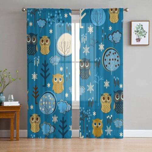 Owl Flower Tree Dark Blue Pattern Cute Voile Curtains for Living Room Window Treatment Sheer Curtains for Bedroom Kitchen Drapes