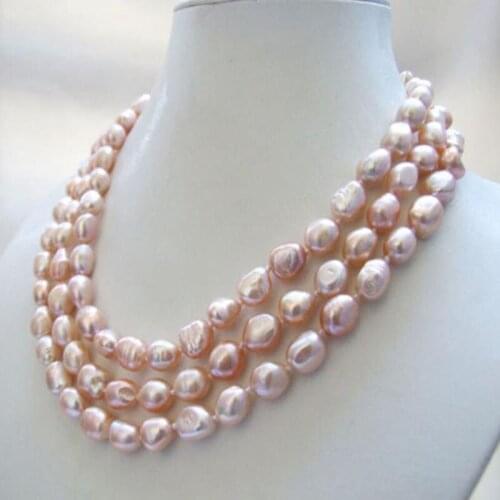 3 strands genuine natural pink baroque freshwater pearl necklace 8-9mm