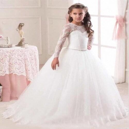 Puffy Flower Girl Dresses For Weddings Ball Gown Long Sleeves Tulle Lace Beaded Long First Communion Dresses For Little Girls
