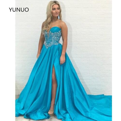 YUNUO Luxury Beading Satin Evening Dresses Long Train Sweetheart Evening Formal Gowns with High Slit Prom Dress Sleeveless