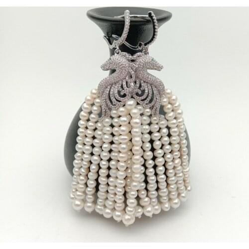 White Freshwater Pearl Silver inlay zircon Pave Sea Horse Earrings