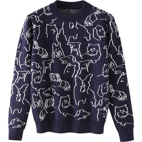 PERHAPS U Women Sweater Knitted Pullovers Long Sleeve O Neck Dog Print Animal Navy M0228