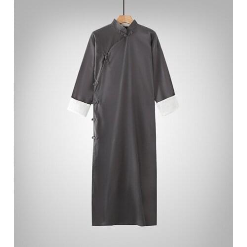 Chinese Style Traditional Hanfu Long Robes Half Sleeve Buckle Cotton Linen Tops Man Jacket Shirt Kung Fu Uniforms Tang Suit 2021