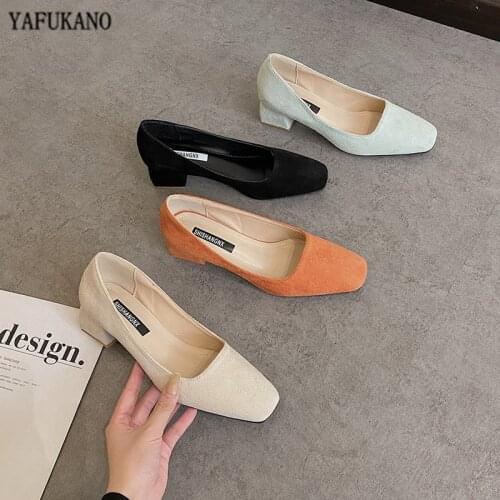 Retro Square Toe Shallow Mouth Single Shoes Korean Suede Thick Heel Pumps Simple Comfort Mid Heel High Heels Women Work Shoes