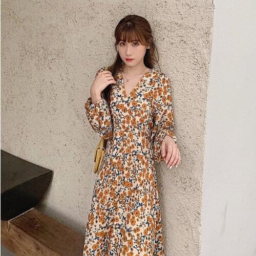 Spring Womens Dress Long Sleeve Office Vintage Woman Casual Black Floral Autumn Chiffon Midi Dresses Women