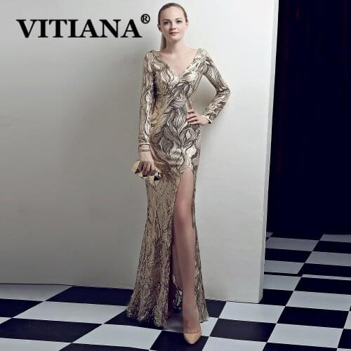 VITIANA Female Gold Sexy Party Night Dress Women Backless Long Sleeve Elegant Bodycon Dresses Femme Host Club Wear Long Vestidos