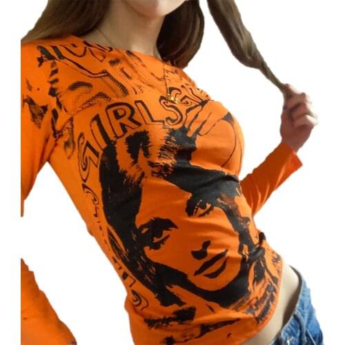 Y2K Female Crop Tops Letters Human Face Print O-Neck Long Sleeve T-Shirt for Spring Summer, Green/White/Pink/Orange