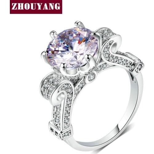 ZHOUYANG Luxurious 10mm Cubic Zirconia Silver Color Fashion Jewelry Ring Wedding Engagement Paryt For Women DD007