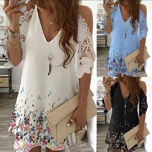 Women Floral Printed Lace Dress Summer Vintage V-Neck Sling Off Shoulder Hollow Out Party Dresses Ladies Beach Mini Dress 2021