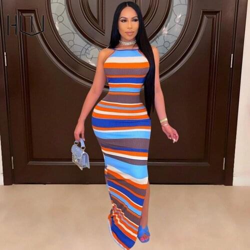 Multicolor Stripe Patchwork Pencil Dress Split Backless Party Night Outfits Knit Off Shoulder Sleeveless Open Back Elegant Women