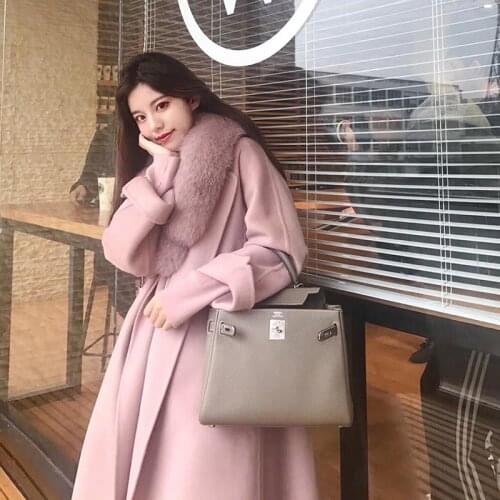 Women Winter Handmade Double Side 100% Woolen Cashmere Real Fox Fur Collar Long Wool Coat