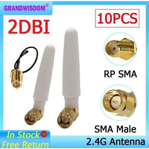 10pcs 2.4Ghz antenna Wifi 2dbi SMA Male connector white 2.4 ghz IOT antena Router Antenna +21cm RP-SMA Male Pigtail Cable