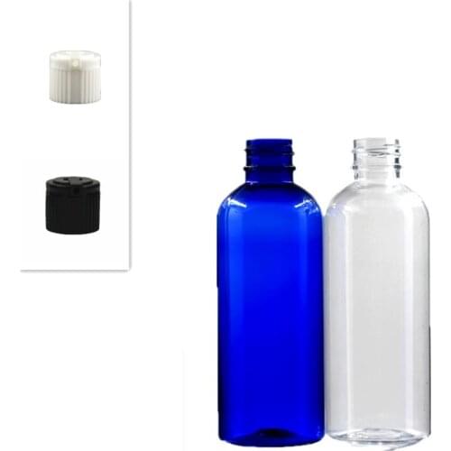 100ml empty Plastic Bottles, blue/clear PET bottle with black/white spouted cap X 5