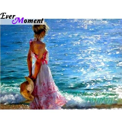 Ever Moment Diamond Embroidery Girl at Seaside Diamond Mosaic Full Square Drills Artwork Home Decoration ASF1197