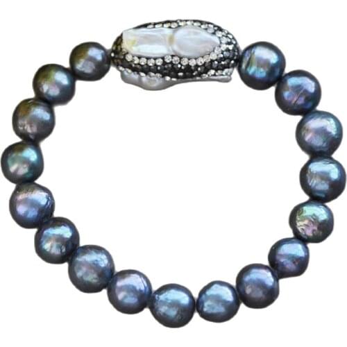 Z11114 Stretch 8" 28mm White Drop Keshi CZ Black Round Edison Pearl Bracelet