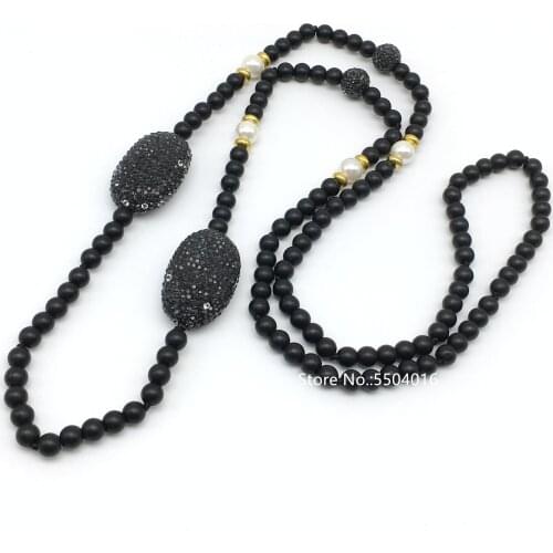 Smooth Dyed Black Jades Beads Necklace Black Rhinestone Beads Shell Pearl Beads Necklace Fashion Party Jewelry Sexy Lady Gifts