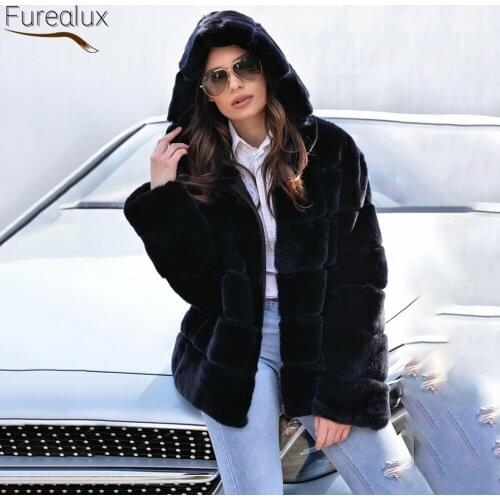 FUREALUX Womens Natural Real Rex Rabbit Fur Coat Winter Thick Warm Retro Street Style Leather Jacket Clothing Can Be Customized
