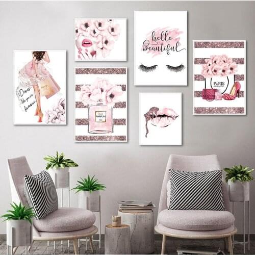 Pink Flower Perfume Fashion Diamond Painting Eyelashes Lips Makeup Cross Stitch Embroidery Art Painting Wall Picture Modern Girl