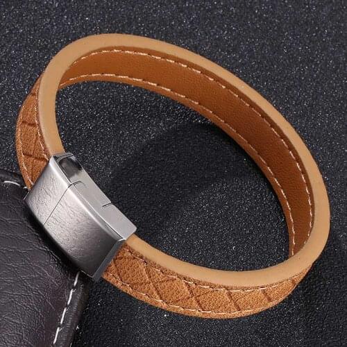 2021 Men Jewelry Black Brown Genuine Leather Bracelet Stainless Steel Magnetic Clasp Fashion Bangles Gift BB500