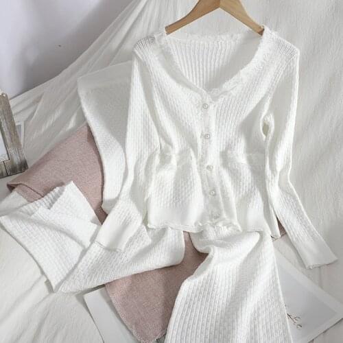 Korobov 2021 New Fashion V Neck Long Sleeve Single Breasted Cardigans and High Waist Knitted Wide Leg Pants 2 Pieces Sets