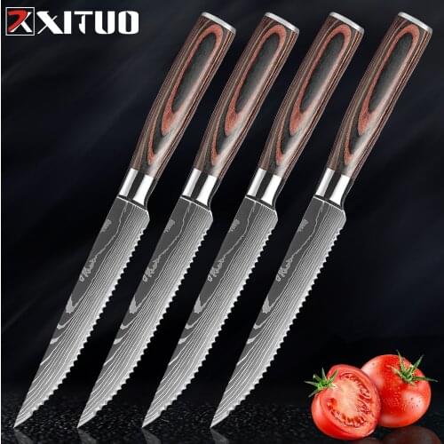 ​XITUO 4PCS 4.5" Serrated Steak Knife 7CR17 Stainless Steel Beef Slicking Meat Cleaver Knife Multipurpose Cutlery Chef Knives