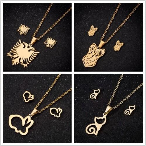 Oly2u Cute Albania Flag Double Headed Eagle Bird Gold Jewelry Set Lovely French Bulldog Necklaces Earrings Women Christmas Gift