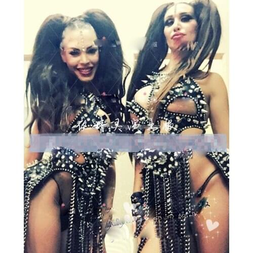 Sexy black hollow rivet female singer ds DJ dance team for the show gogo team catwalk clothing female singer performance cloth